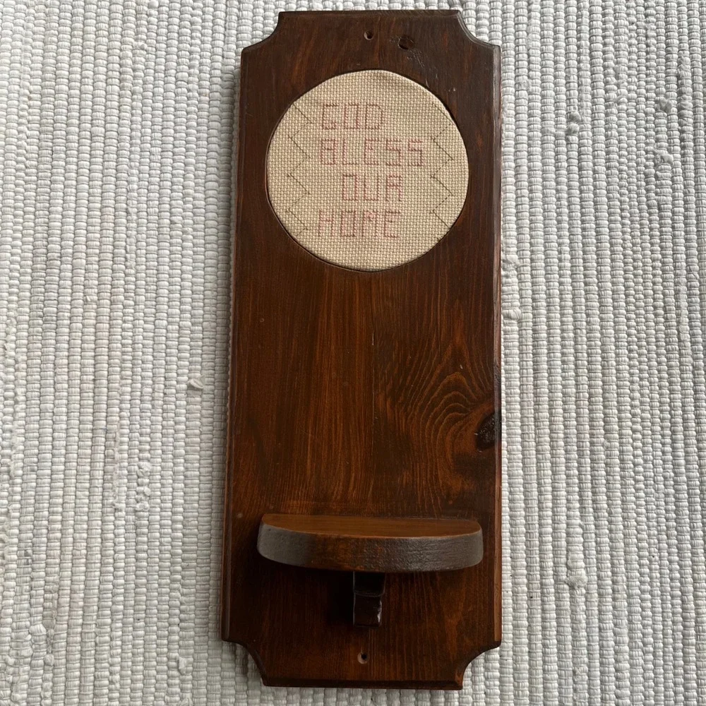 Vintage Wood Wall Plaque God Bless Our Home Cross Stitch Sconce Shelf Rustic